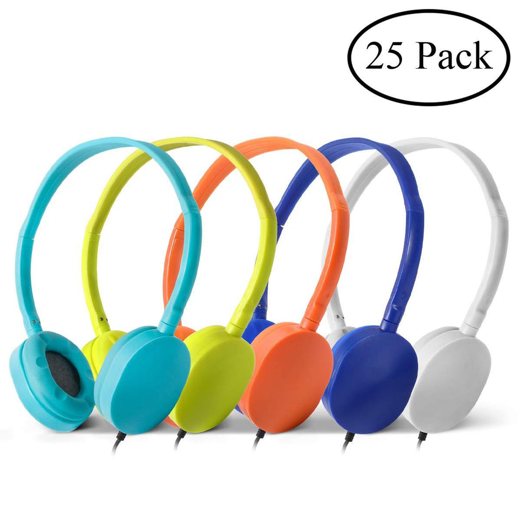 Wholesale Bulk Headphones Earphones Earbuds - Kaysent(KHP-25Mixed) 25 Packs Mixed Colors(Each 5 Pack) Stereo Headphone for School, Classroom, Airplane, Hospiital, Students,Kids and Adults