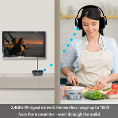 Wireless TV Headphones Over Ear, Monodeal Digital Stereo Headsets with Charging Dock, 2.4GHz RF Transmitter, NO Latency 20H Playtime, for TV PC Mobile MP3 - Black