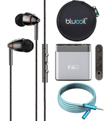 1MORE E1010 Quad Driver in-Ear Headphones Bundle with FiiO A1 Silver Portable Headphone Amplifier, Blucoil 6-FT Headphone Extension Cable (3.5mm), and Portable Earphone Hard Case